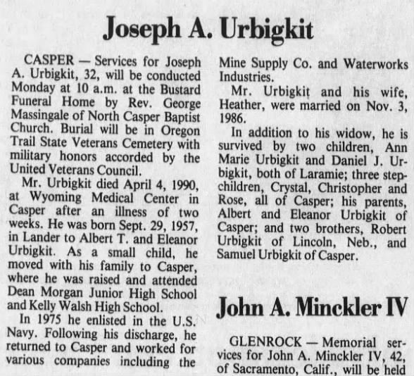 Joe Urbigkit - Obit Casper Star Tribune - Apr 6, 19960